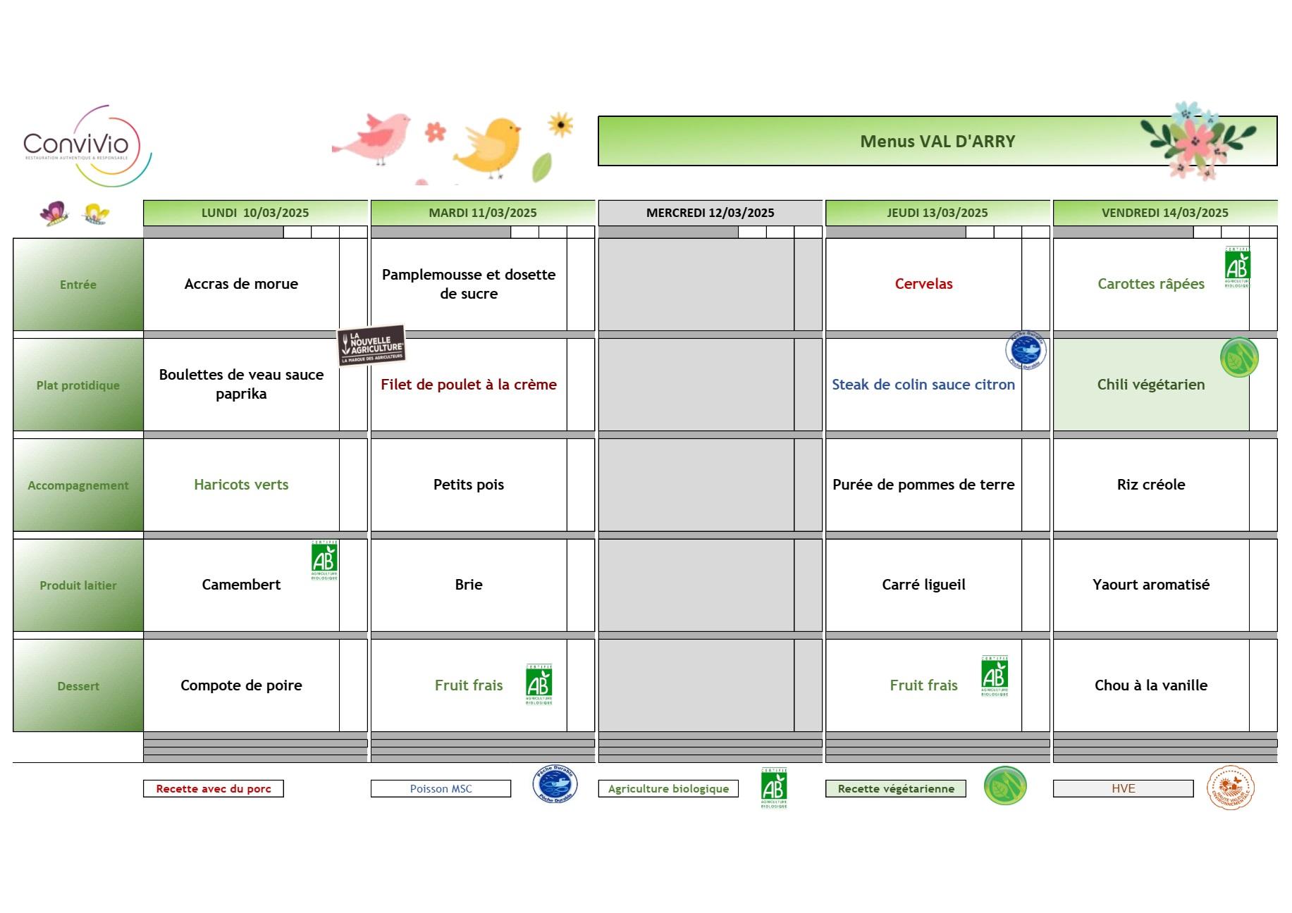 Menu cantine de l ecole de val d arry du 10 au 14 mars 2025