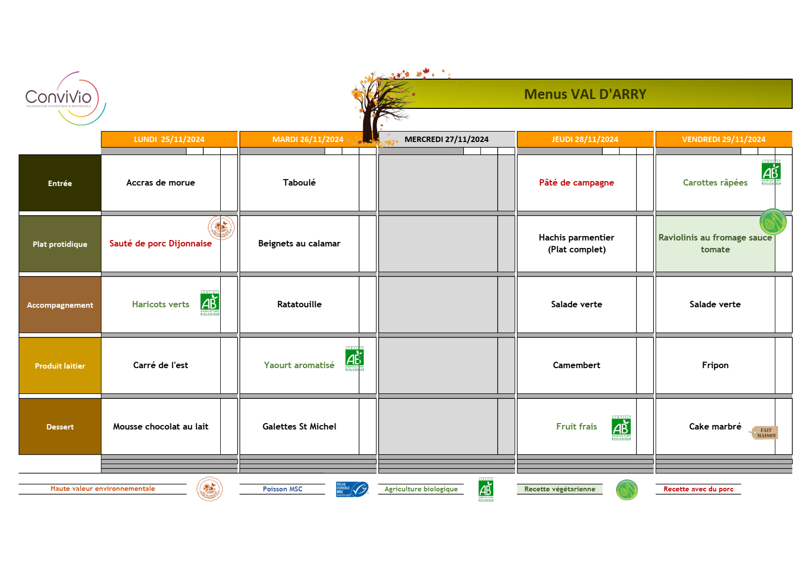 Menu cantine de l ecole de val d arry du 25 au 29 novembre 2024