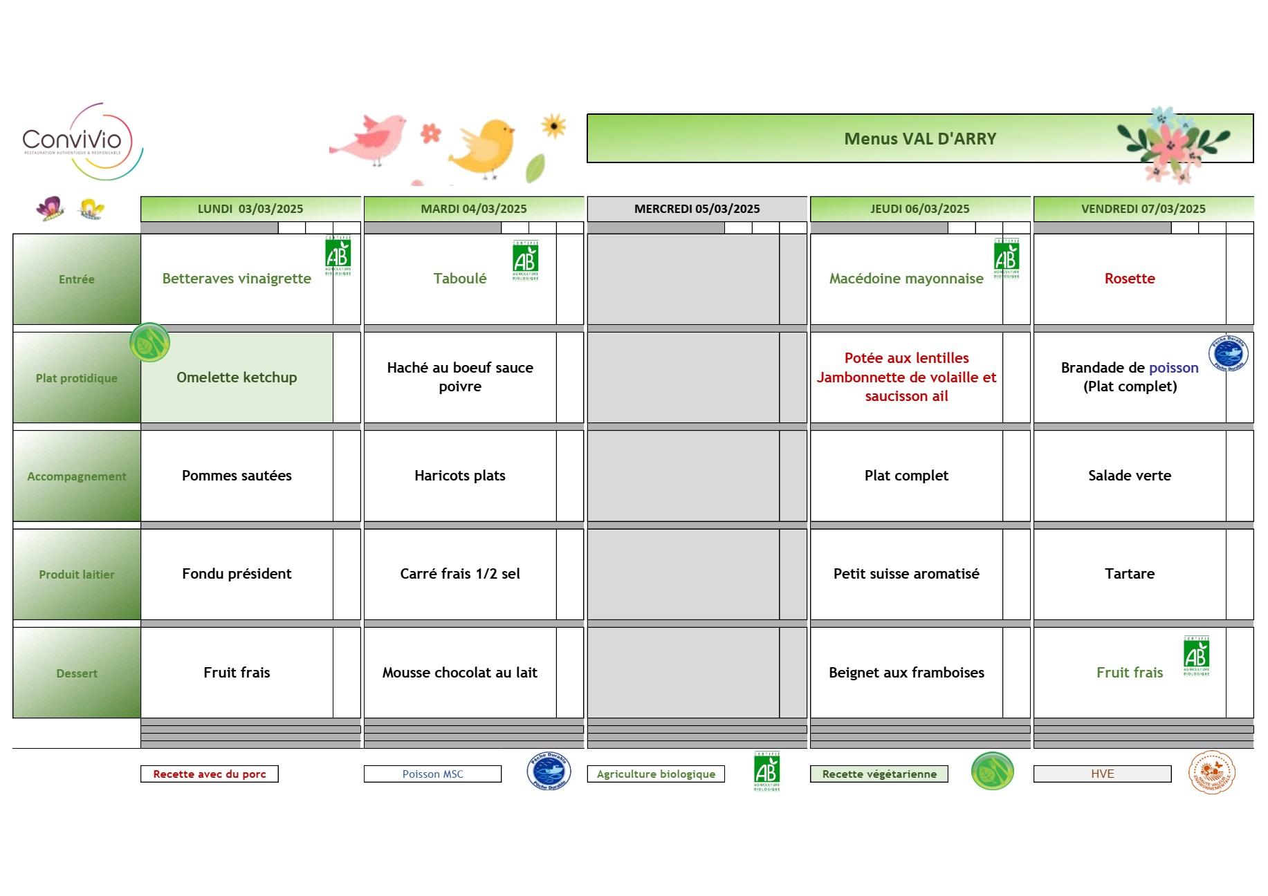 Menu cantine de l ecole de val d arry du 3 au 7 mars 2025